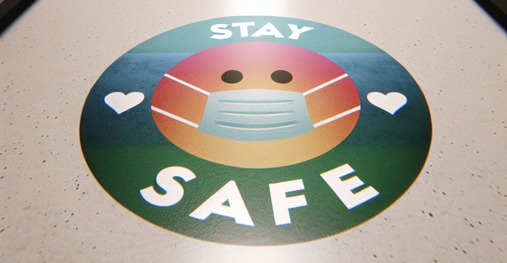 A 'stay safe' floor sticker designed for large format print to spread awareness about social distancing.