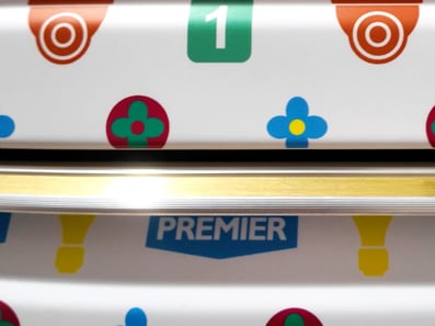 A close up of the Premier Alarms vinyl wrapped display cases.