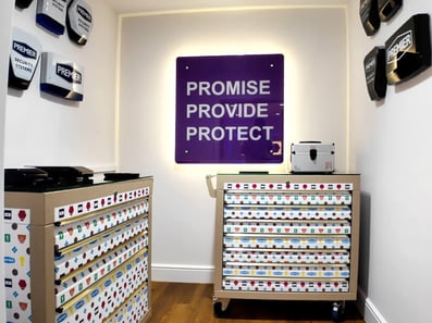 Vinyl wrapped display cases and branded signage for Premier Alarms, by Raccoon.