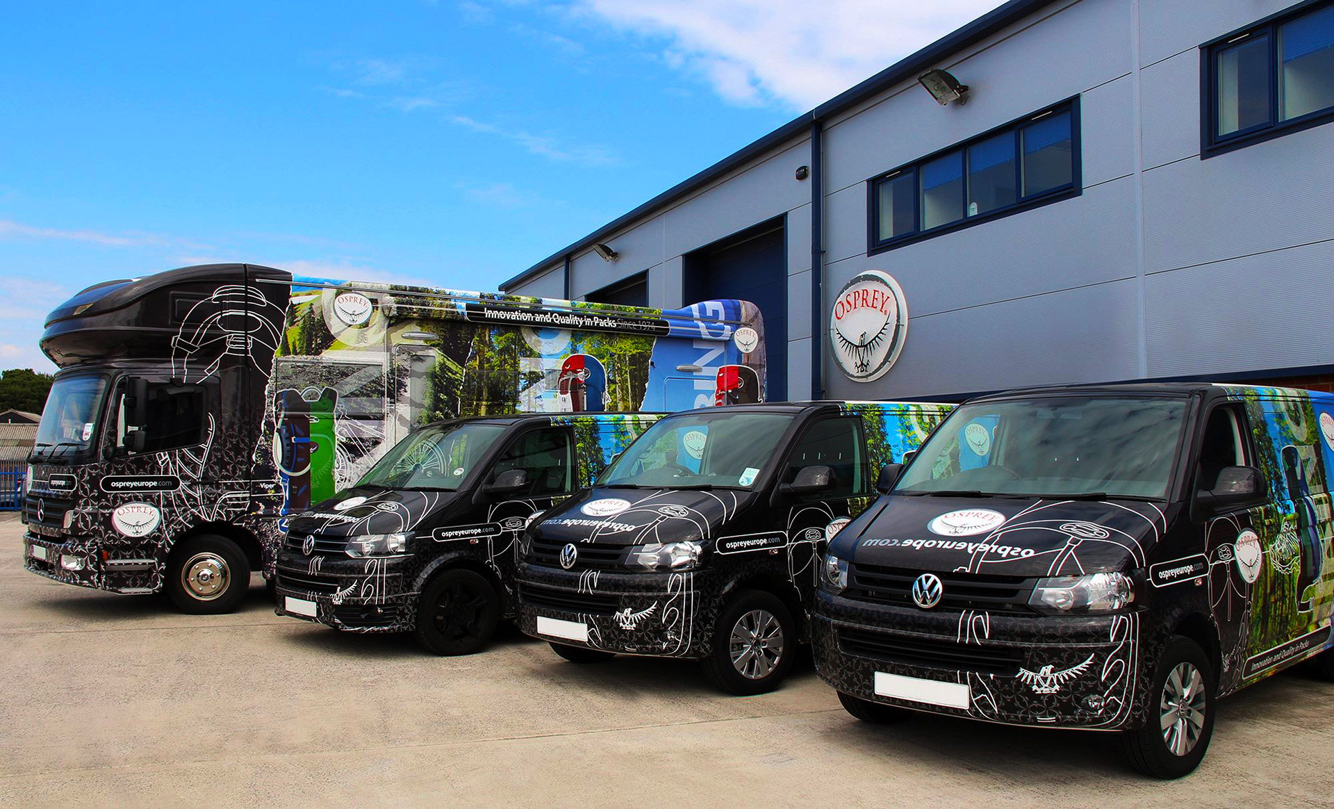The Osprey fleet with matching, consistent wrap designs for the vehicles.