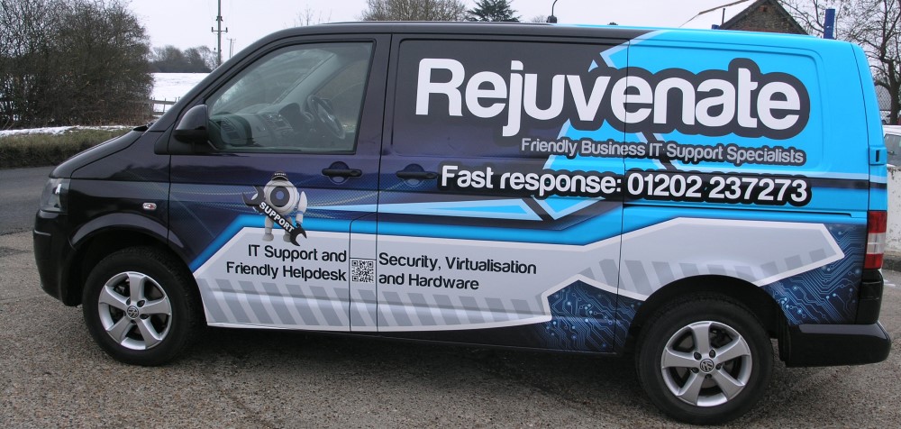rejuvenate black, blue white branded van