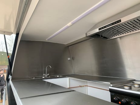 stainless steel cladding, kitchen counters and extraction unit street food vehicle