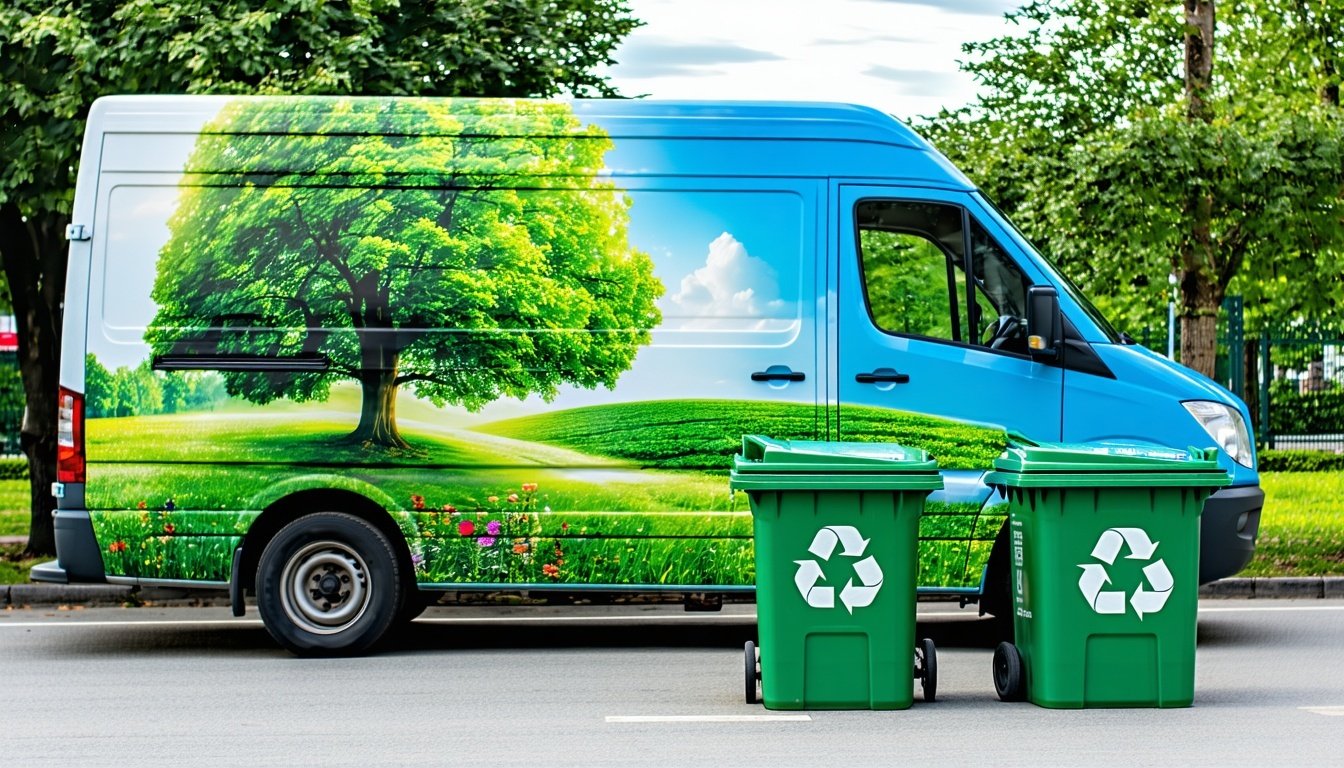 A van with eco-friendly, sustainable vehicle graphics and recycling bins next to it.