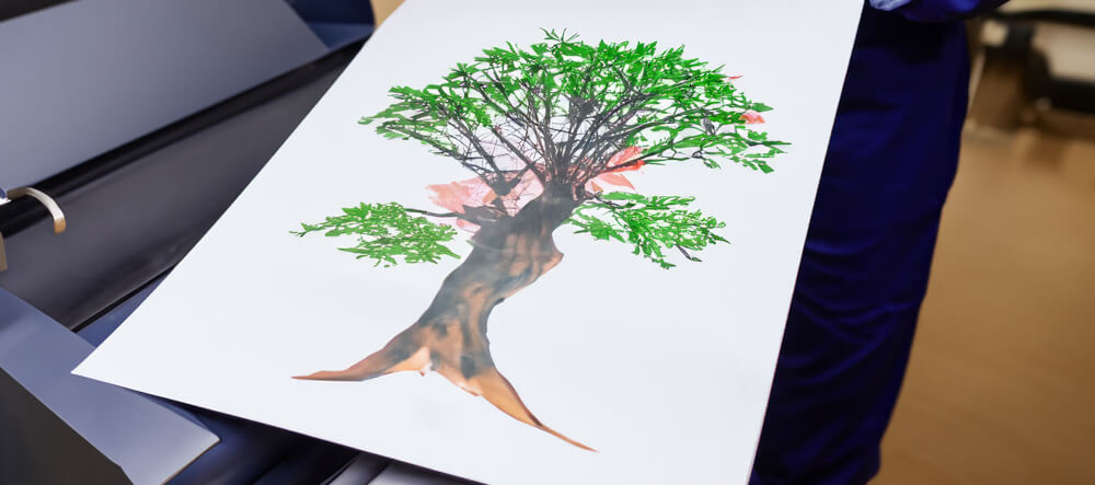 An image of a tree to promote sustainable printing methods and materials.