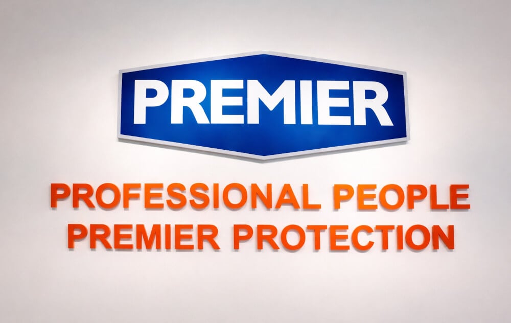 Premier Alarms logo as part of a showroom branding project by Raccoon.