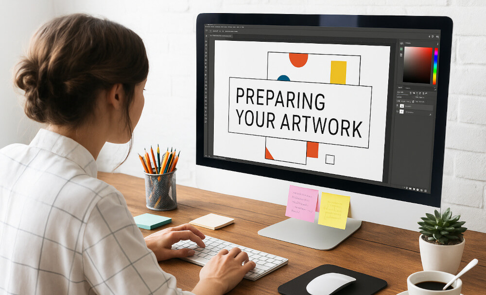 A woman uses design software to create a design for large format print. On the screen, it says 'preparing your artwork'.